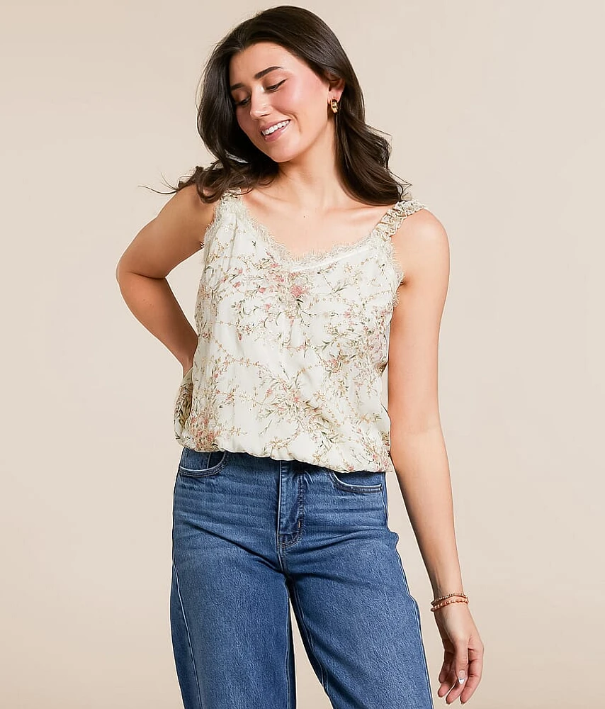 Metallic Embroidered Floral Chiffon Tank Top