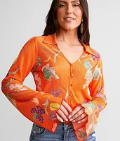 Pleated Floral Cropped Blouse