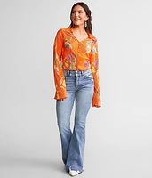 Pleated Floral Cropped Blouse