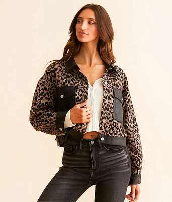 Blue Blush Faux Leather Cropped Cheetah Jacket