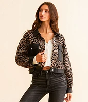 Blue Blush Faux Leather Cropped Cheetah Jacket