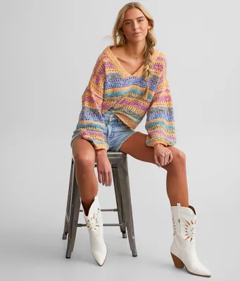 Blue Blush Neon Pointelle Cropped Sweater
