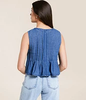 Pleated Front Tie Denim Tank Top