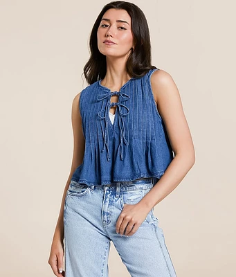 Pleated Front Tie Denim Tank Top