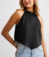 Rhinestone Fringe Satin Cropped Tank Top