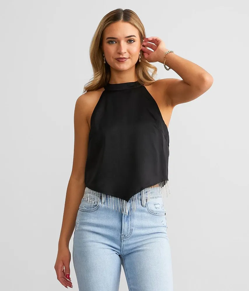 Rhinestone Fringe Satin Cropped Tank Top