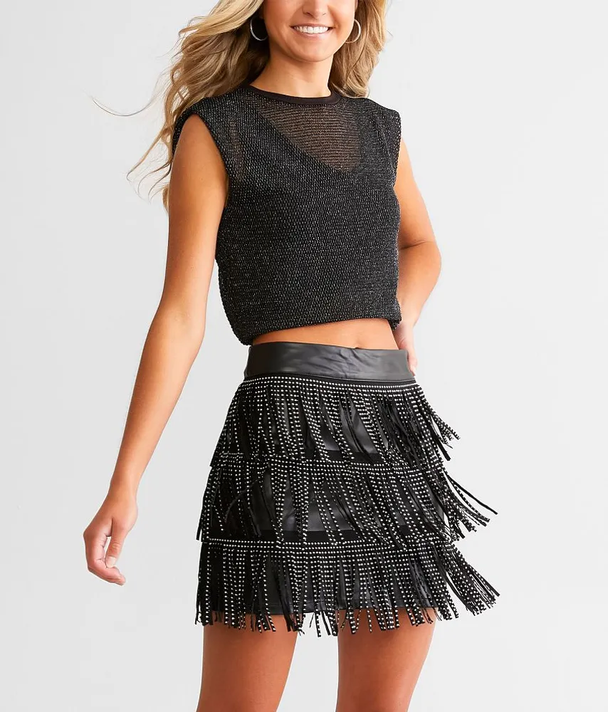 Rhinestone Fringe Buckle Skirt Black / L