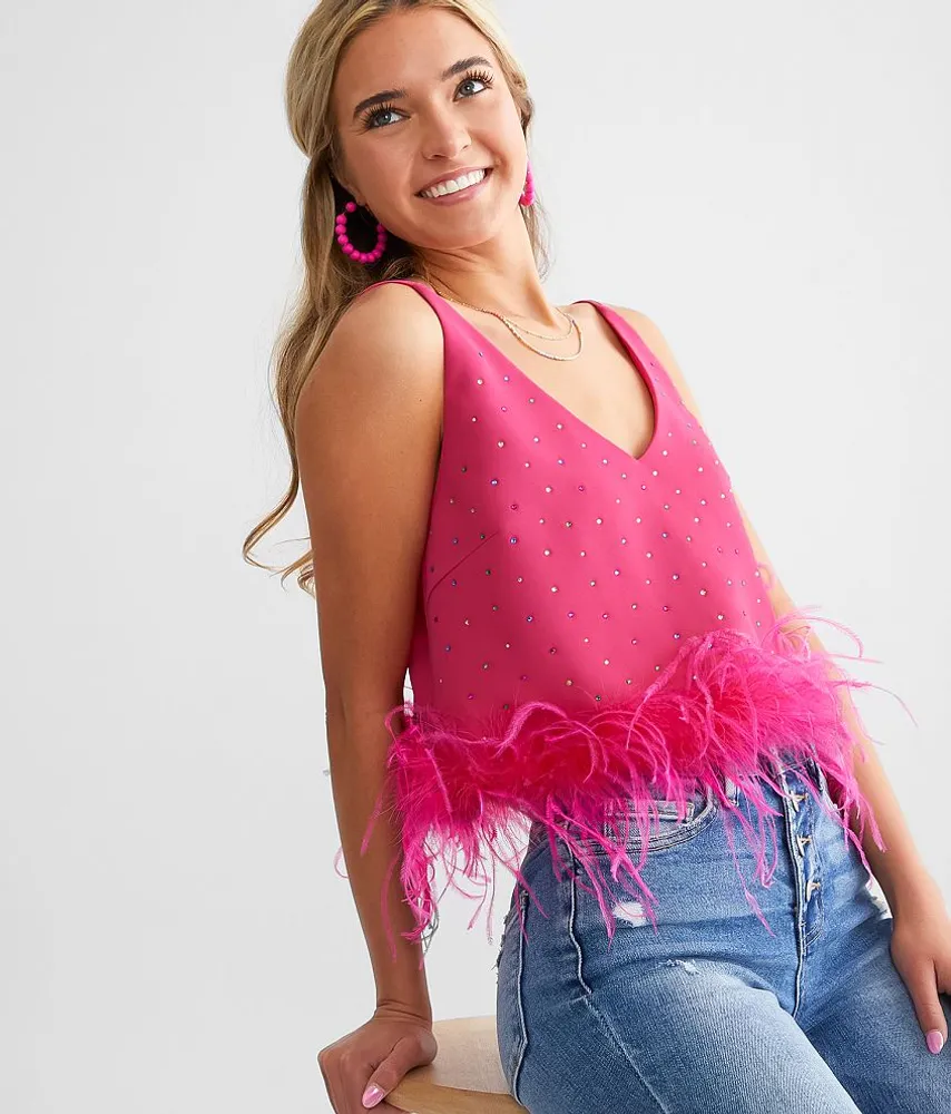 Blue B Embellished Feather Cropped Tank Top