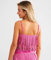 Tiered Rhinestone Fringe Cropped Tank Top