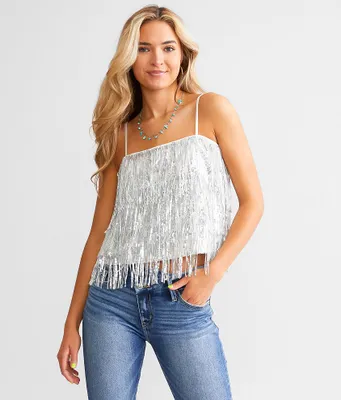 Blue B Tiered Sequin Fringe Cropped Tank Top