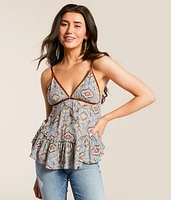 Velvet Trim Ruffle Tank Top