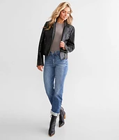 Textured Mock Neck Moto Jacket
