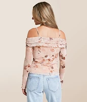 Floral Mesh Cold Shoulder Top