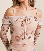 Floral Mesh Cold Shoulder Top