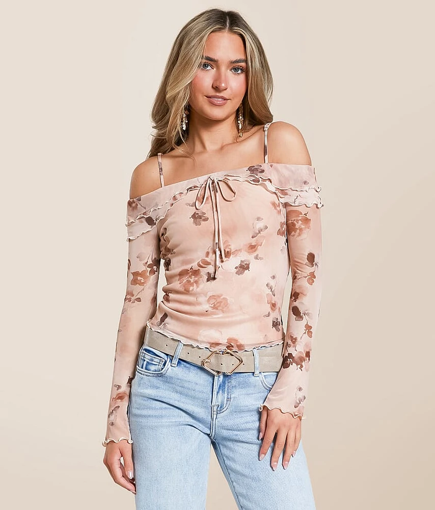 Floral Mesh Cold Shoulder Top