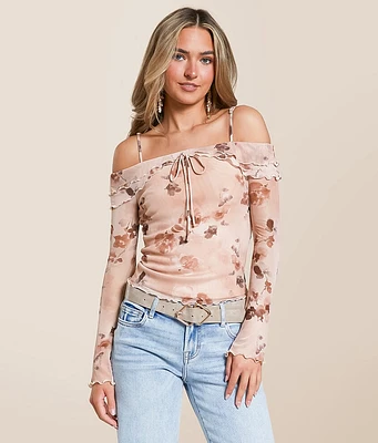 Floral Mesh Cold Shoulder Top