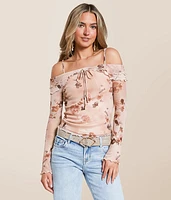 Floral Mesh Cold Shoulder Top