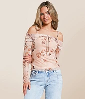 Floral Mesh Cold Shoulder Top