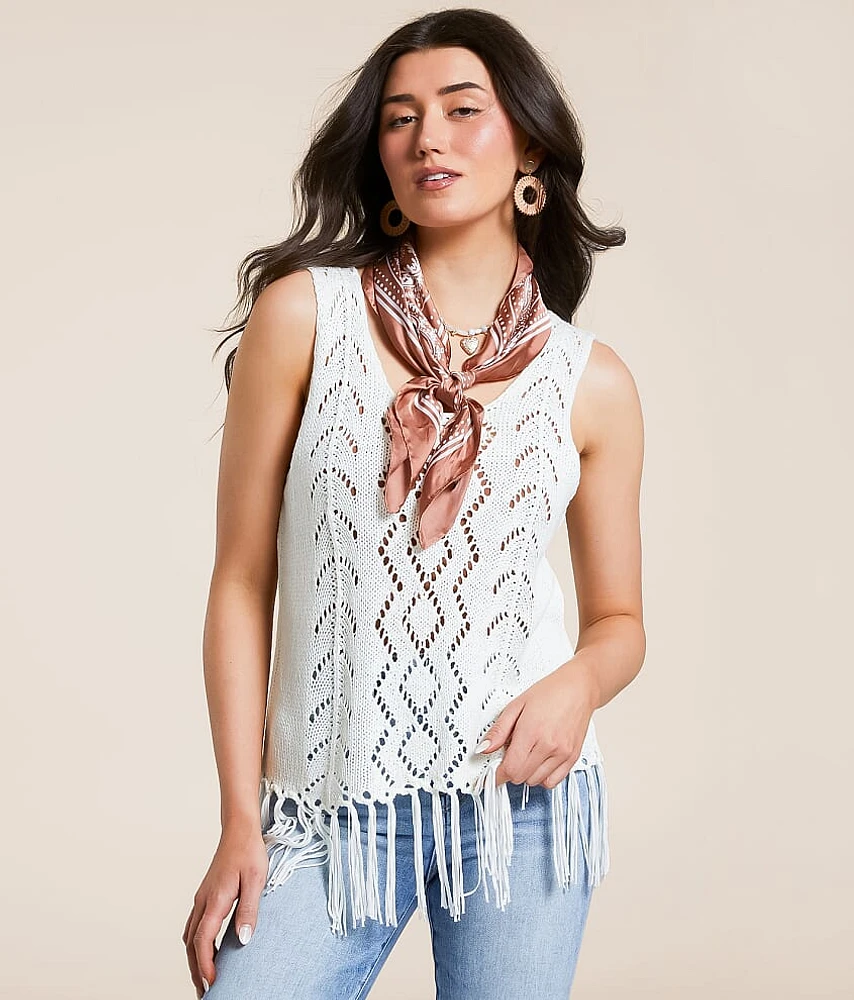 Pointelle Fringe Sweater Tank Top