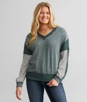 BKE Raw Edge Pieced V-Neck Top