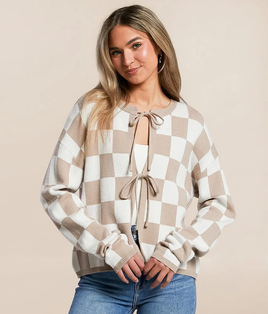 Willow & Root Checkered Front Tie Cardigan Sweater