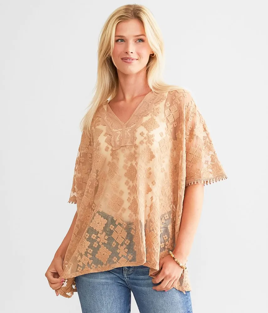 By Anthropologie Short-Sleeve Embroidered Mesh Top