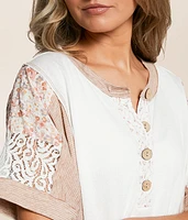 Pieced Floral Lace Henley