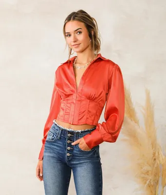 Hyfve Collared Satin Cropped Blouse