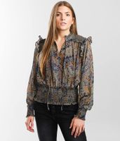 Elan Chiffon Front Tie Ruffled Blouse