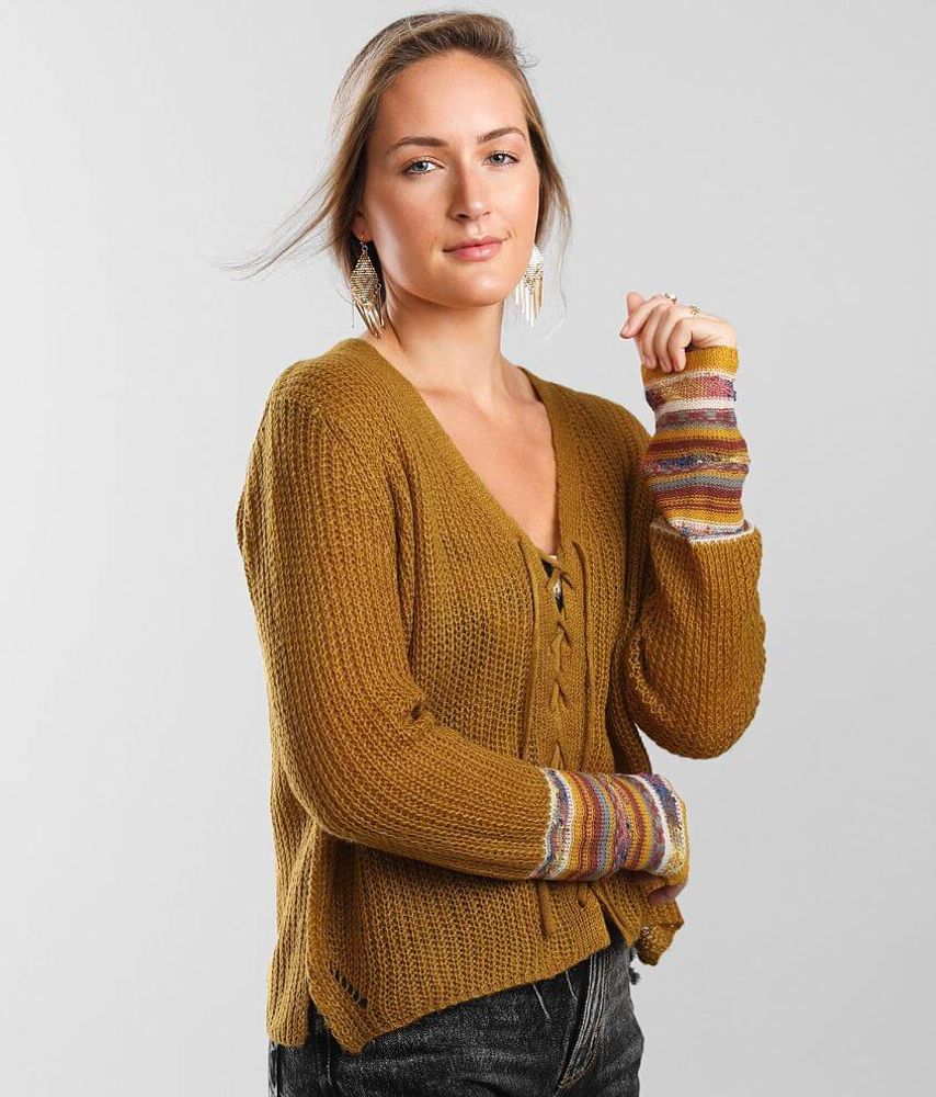 En Creme Lace-Up Striped Cardigan Sweater