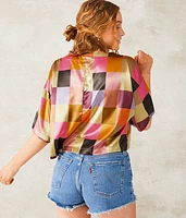 Checkered Satin Cropped Blouse