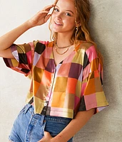 Checkered Satin Cropped Blouse