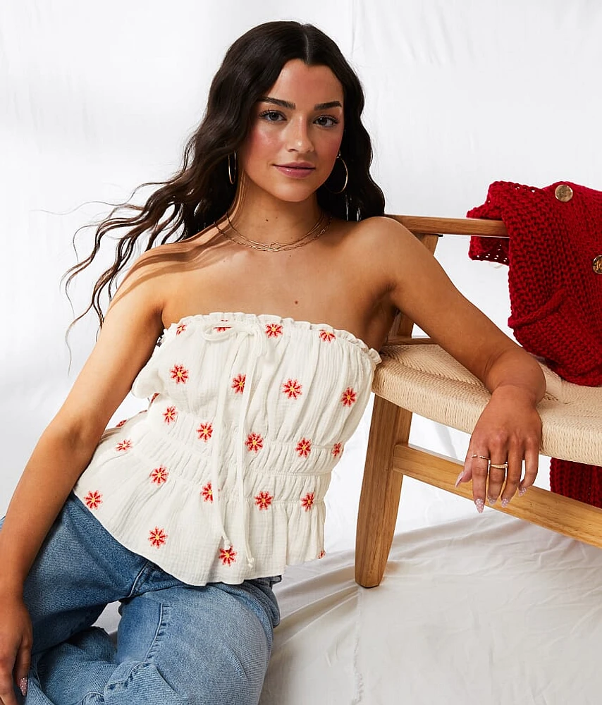 Embroidered Floral Peplum Tube Top