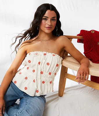Embroidered Floral Peplum Tube Top