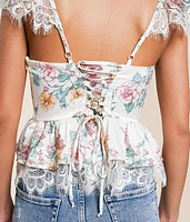 Satin Floral Peplum Cropped Tank Top