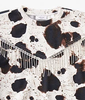 Girls - Fringe Cow Print Pullover