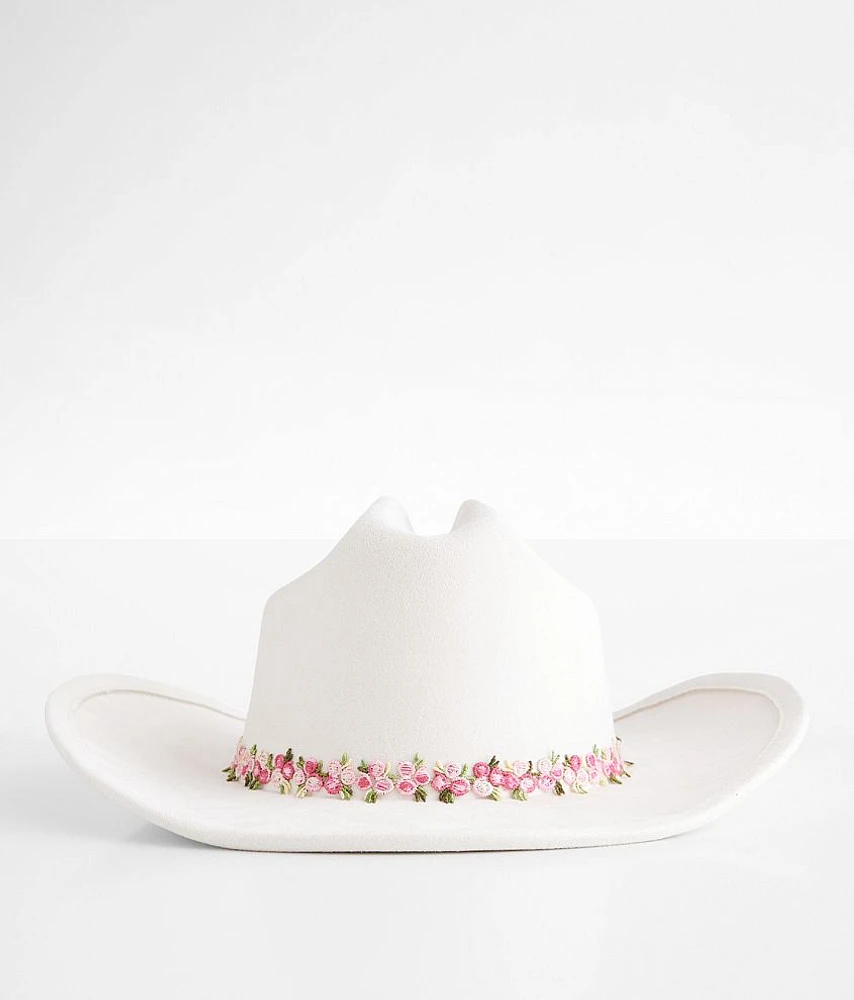 Fame Accessories Embroidered Floral Trim Cowboy Hat