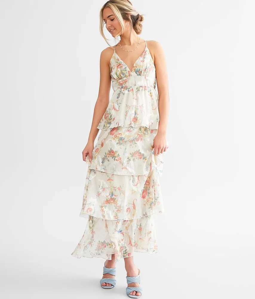 fanco Floral Jacquard Chiffon Tiered Midi Dress