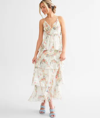 fanco Floral Jacquard Chiffon Tiered Midi Dress
