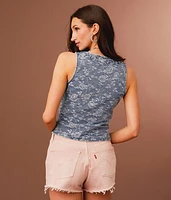 Lace-Up Floral Cropped Denim Vest