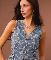 Lace-Up Floral Cropped Denim Vest