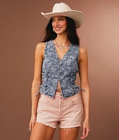 Lace-Up Floral Cropped Denim Vest