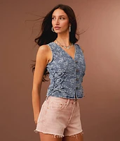 Lace-Up Floral Cropped Denim Vest