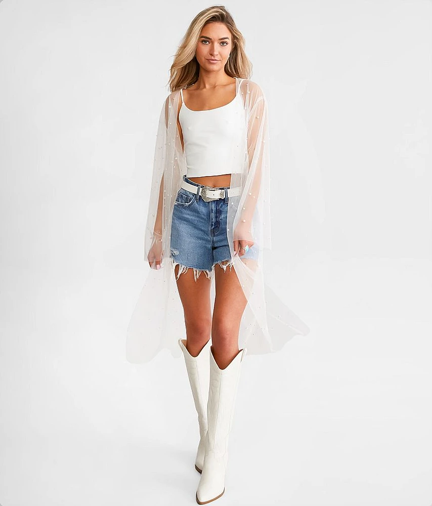 Gee Clothing Faux Pearl Mesh Duster Cardigan