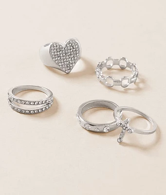 5 Pack Glitz Heart & Cross Ring Set
