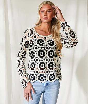 BKE Resort Floral Crochet Sweater