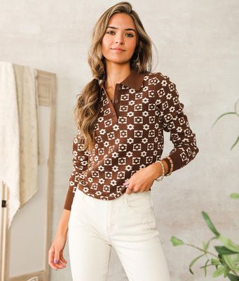 Willow & Root Floral Checkered Henley Sweater