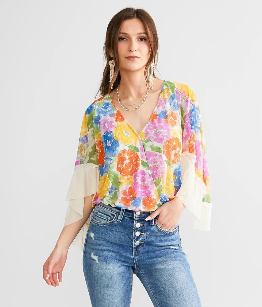 Floral Surplice Mesh Top