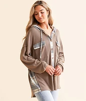 Plaid Waffle Knit Boyfriend Hooded Shirt