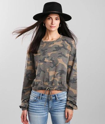 On A Whim Camo Print Cropped Pullover